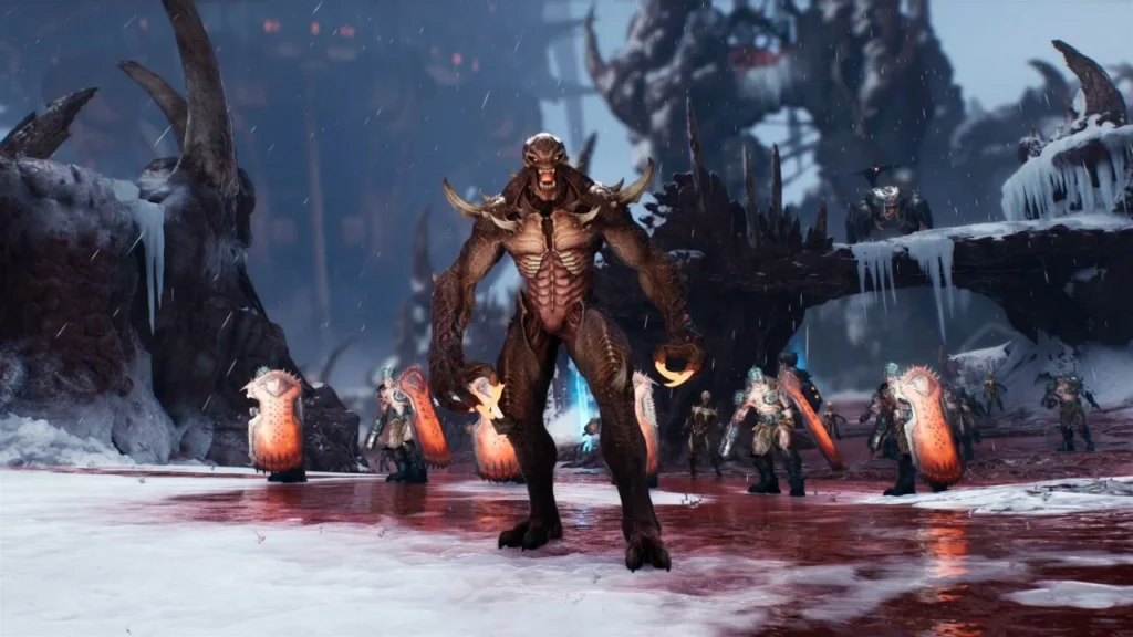 Темний готичний пейзаж у стилі Doom, де Слейєр стоїть серед руїн древнього храму. Атмосфера похмура й напружена: навколо клубочиться туман, у небі видно загрозливі силуети демонів. На передньому плані герой тримає нову зброю — ланцюговий спис, готовий до бою. Удалині проглядається портал у пекельне чистилище, що натякає на майбутні випробування.