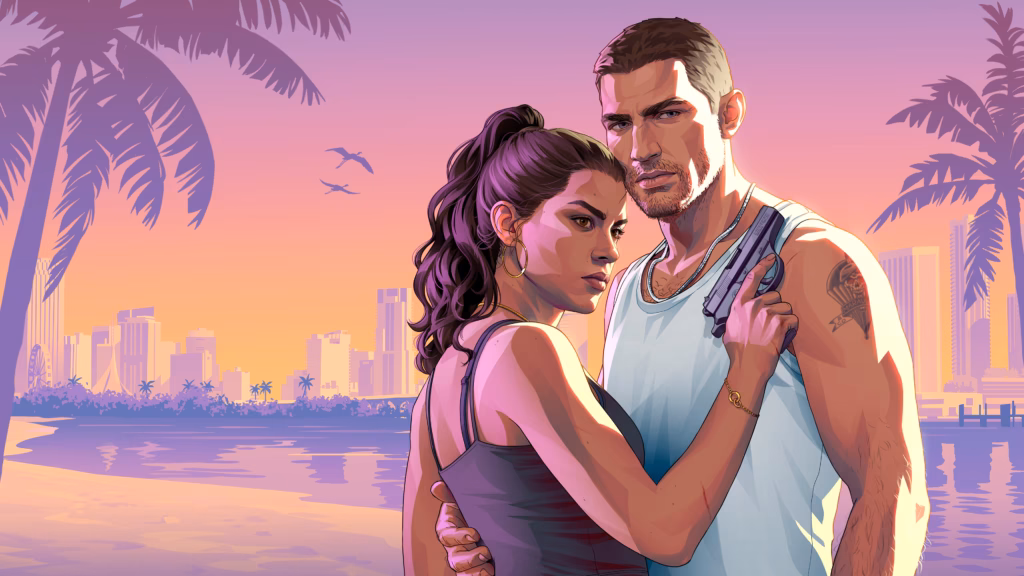 Логотип Grand Theft Auto VI на тлі неонової панорами Вайс‑Сіті; підпис про відкриття передзамовлень на PS5.