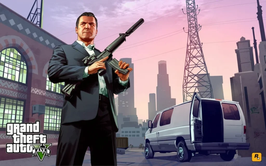 GTA V на новому поколінні: яскравий арт із логотипом гри, консолі PS5 та Xbox Series X|S, акцент на безкоштовному оновленні для власників попередніх версій.