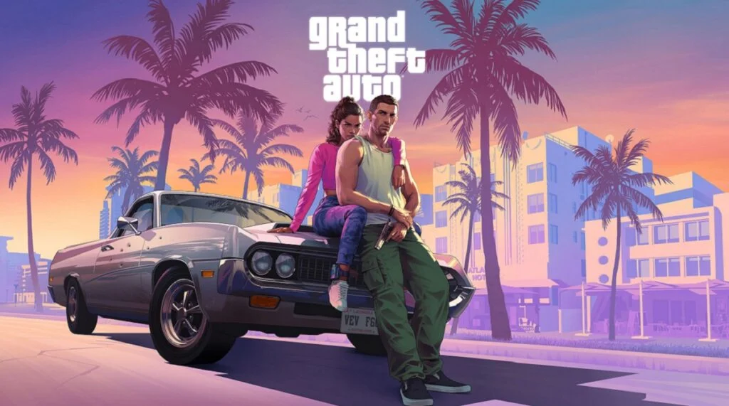 GTA VI: динамічний арт із Джейсоном та Люсією на тлі неонового Леоніда‑Кіс, атмосфера кримінального трилера, акцент на протистоянні та змові.