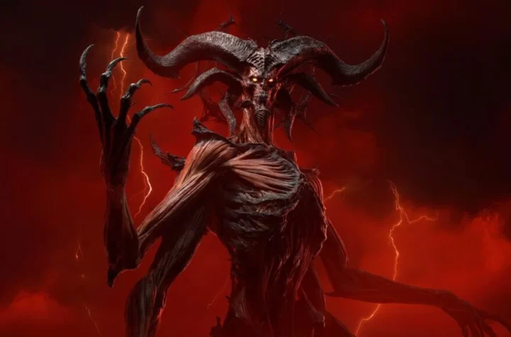 Diablo IV на Nintendo Switch 2 — атмосферний арт із темними тонами, логотипом гри та консолі Switch 2 на фоні. Можна додати акцент на доповнення Lord of Hatred: стилізовані демони, вогняні ефекти та відчуття очікуваного анонсу.