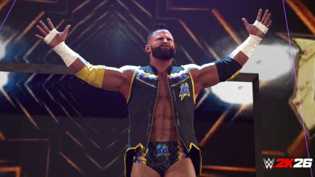 Динамічна сцена з рестлінг‑арени WWE 2K26, де нові суперзірки виходять на ринг. На передньому плані — яскраві образи Persona, а в центрі — повернення зірки NBA Тайріса Халібертона. Атмосфера драйву, світло прожекторів і енергія фанатів підкреслюють масштабність події.