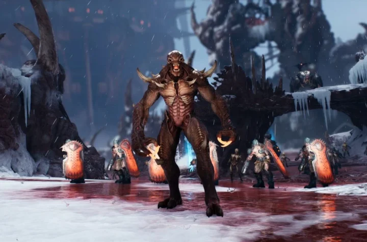 Темний готичний пейзаж у стилі Doom, де Слейєр стоїть серед руїн древнього храму. Атмосфера похмура й напружена: навколо клубочиться туман, у небі видно загрозливі силуети демонів. На передньому плані герой тримає нову зброю — ланцюговий спис, готовий до бою. Удалині проглядається портал у пекельне чистилище, що натякає на майбутні випробування.