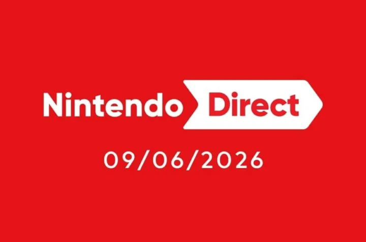 На сцені великої презентації Nintendo Direct видно яскравий екран із логотипом компанії. На ньому демонструються кадри з нових ігор для Switch та Switch 2. У залі — захоплені глядачі, які уважно стежать за трансляцією. Атмосфера святкова й очікувальна, з акцентом на майбутні релізи та сюрпризи для фанатів.