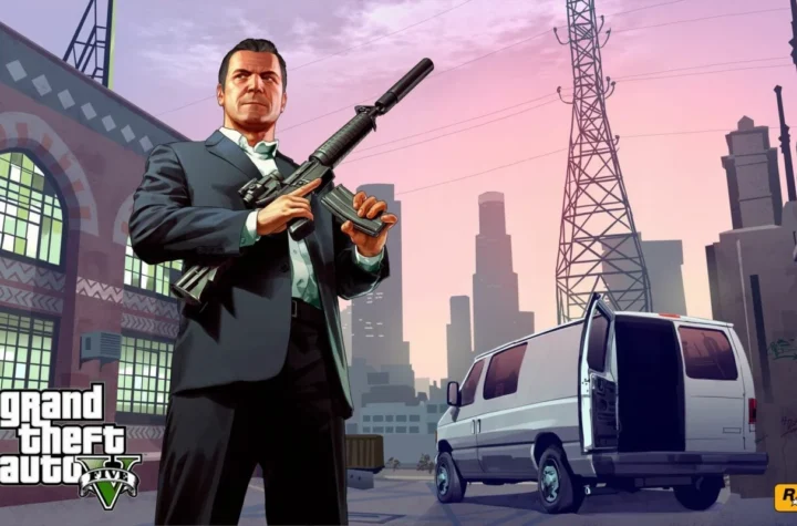 GTA V на новому поколінні: яскравий арт із логотипом гри, консолі PS5 та Xbox Series X|S, акцент на безкоштовному оновленні для власників попередніх версій.