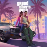 GTA VI: динамічний арт із Джейсоном та Люсією на тлі неонового Леоніда‑Кіс, атмосфера кримінального трилера, акцент на протистоянні та змові.