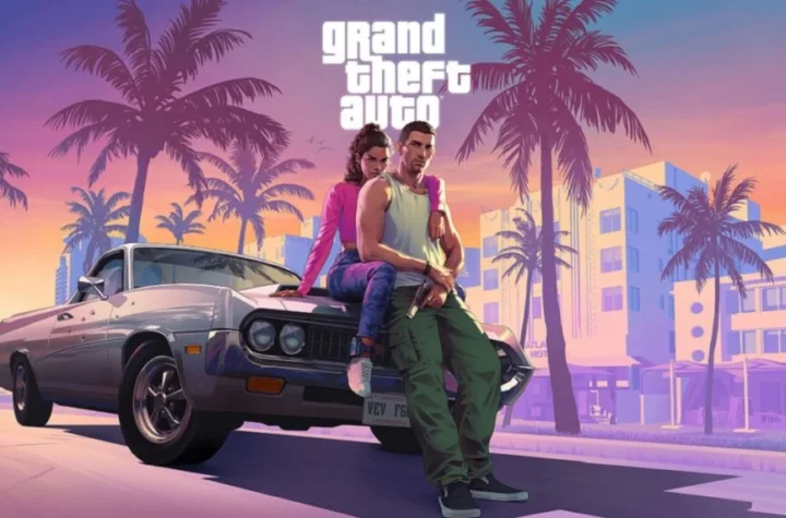 GTA VI: динамічний арт із Джейсоном та Люсією на тлі неонового Леоніда‑Кіс, атмосфера кримінального трилера, акцент на протистоянні та змові.