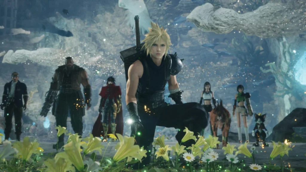 Final Fantasy VII Revelation: Клауд у моменті глибокої інтроспекції, неонове сяйво навколо, відчуття емоційної кульмінації, зв’язок із Заком та Аеріс.