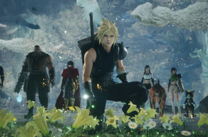 Final Fantasy VII Revelation: Клауд у моменті глибокої інтроспекції, неонове сяйво навколо, відчуття емоційної кульмінації, зв’язок із Заком та Аеріс.