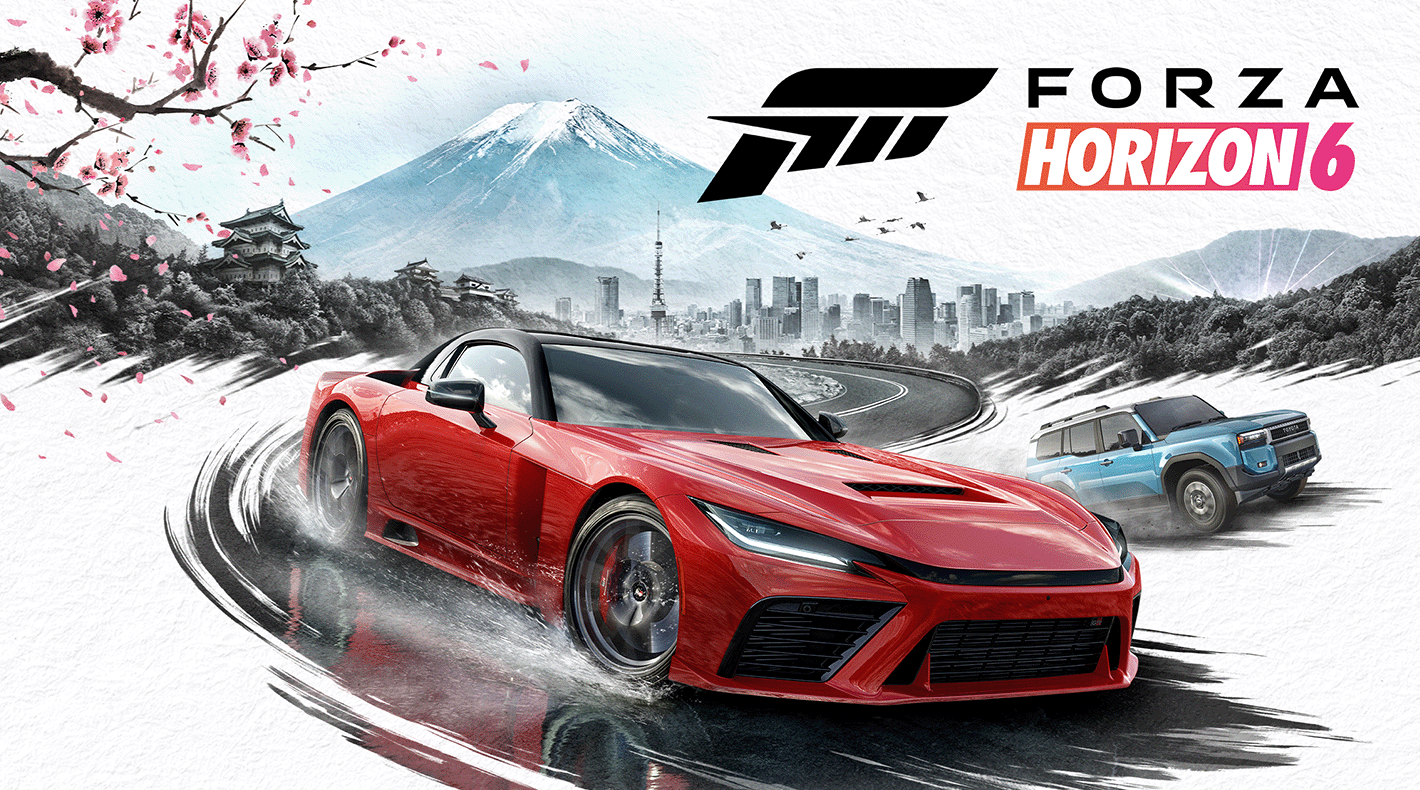 Концепт-арт та логотип Forza Horizon 6 з автомобілями на фоні гори Фудзі та японської сакури