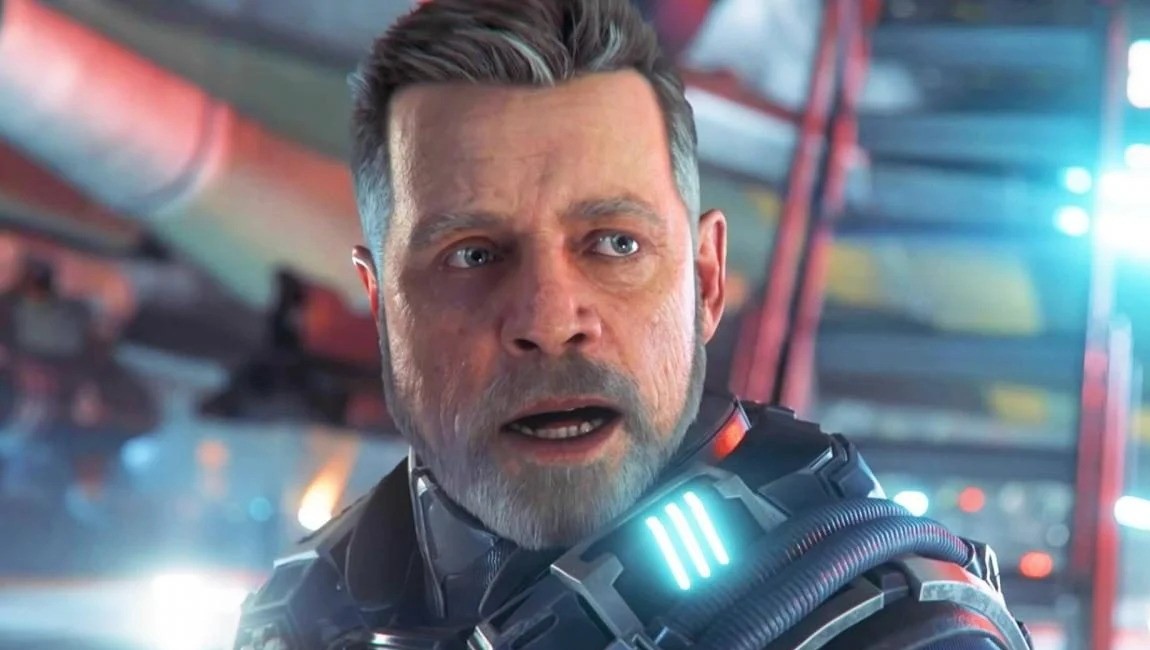 Актор Марк Гемілл у ролі пілота космічного флоту в сюжетній грі Squadron 42