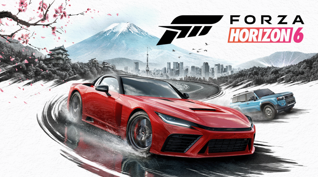 Концепт-арт та логотип Forza Horizon 6 з автомобілями на фоні гори Фудзі та японської сакури