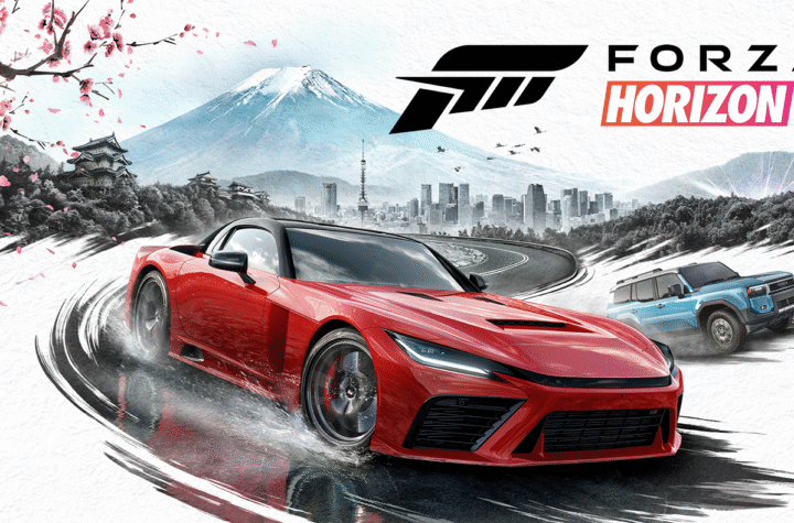 Концепт-арт та логотип Forza Horizon 6 з автомобілями на фоні гори Фудзі та японської сакури