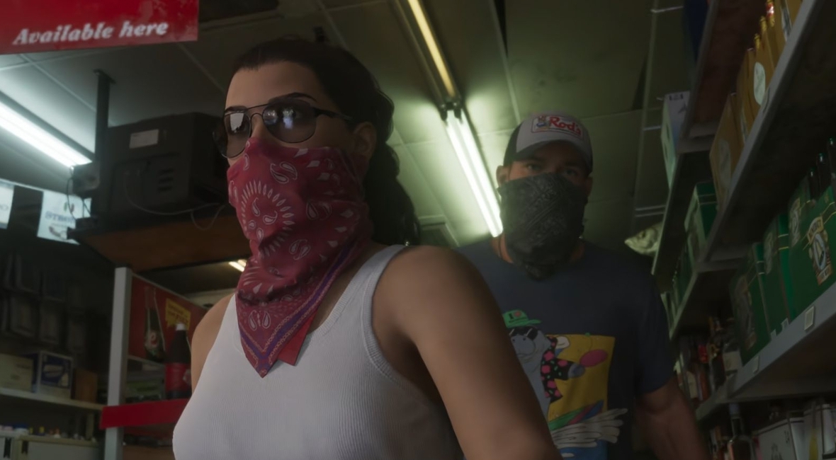 Головні герої GTA 6 Люсія та Джейсон у банданах під час пограбування магазину