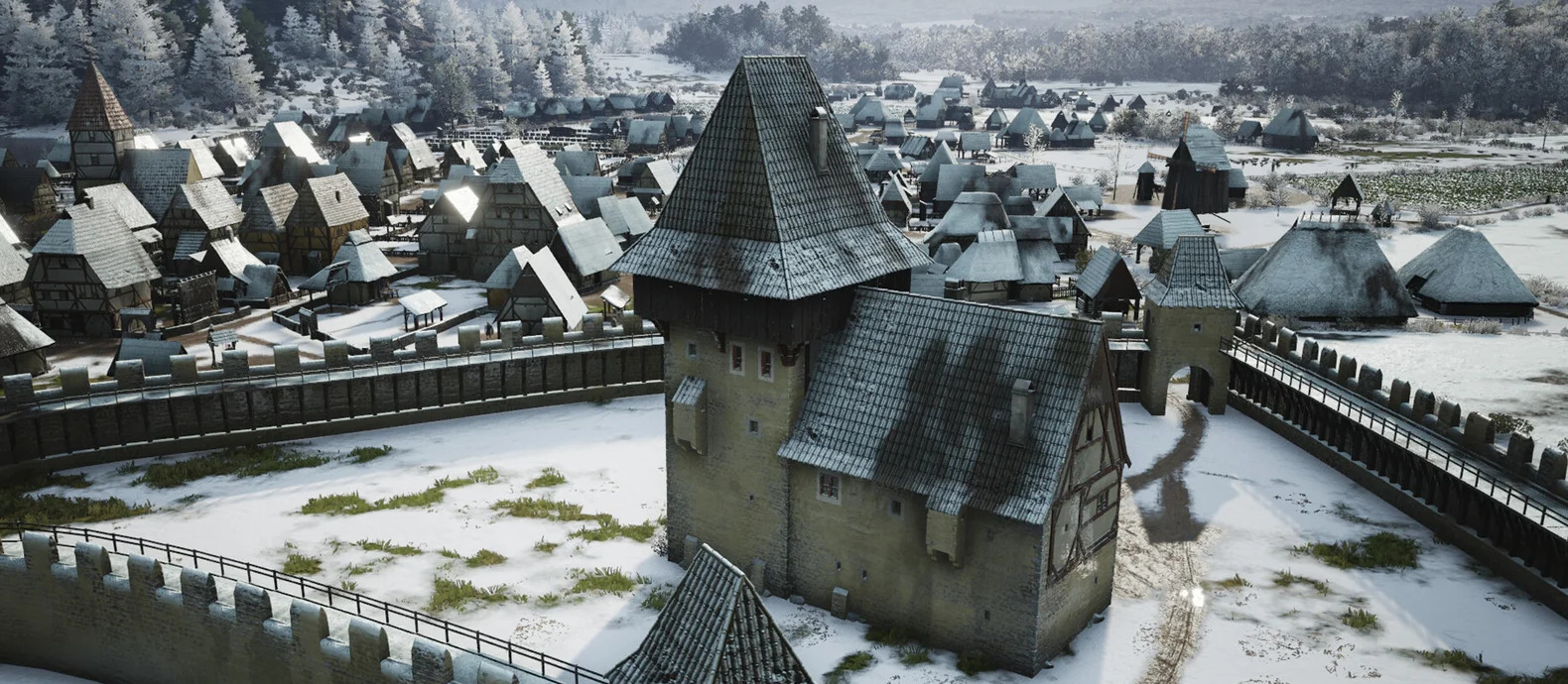 Зимовий пейзаж міста з мурами та вежами в Manor Lords