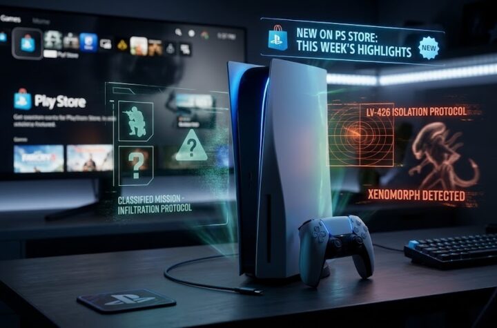Консоль PlayStation 5 з голографічними анонсами нових ігор у PS Store, включаючи відсилки до Metal Gear Solid та Aliens: Fireteam Elite 2