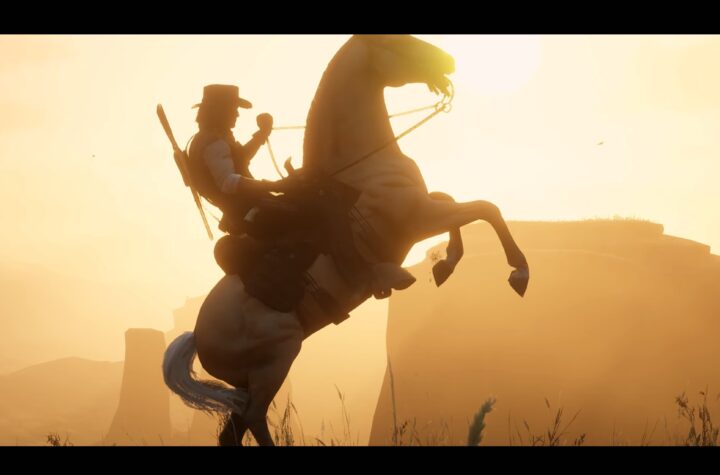 Вершник на дибки коня на тлі заходу сонця в Red Dead Redemption 2 — атмосфера мексиканського доповнення Nuevo Paraiso