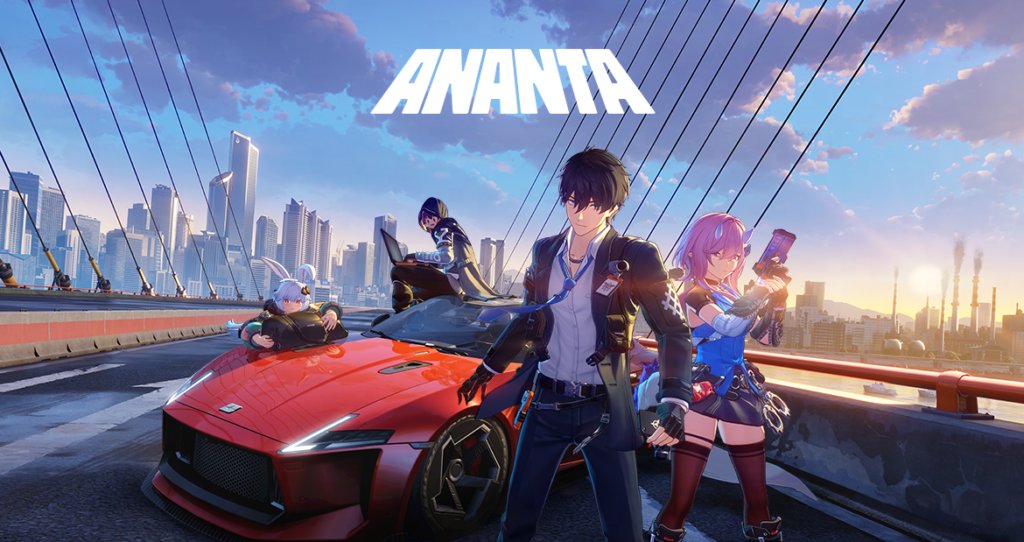 Постер аніме-RPG Ananta від NetEase — головні герої на червоному спорткарі на тлі мосту та міста Нова-Сіті