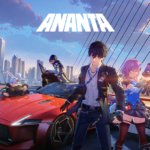 Постер аніме-RPG Ananta від NetEase — головні герої на червоному спорткарі на тлі мосту та міста Нова-Сіті