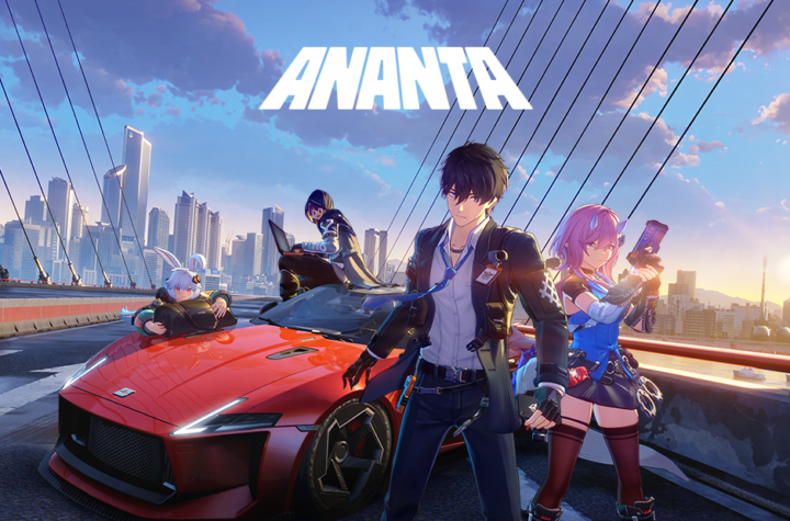 Постер аніме-RPG Ananta від NetEase — головні герої на червоному спорткарі на тлі мосту та міста Нова-Сіті