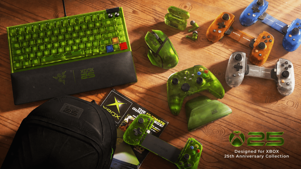 Лімітована колекція напівпрозорих аксесуарів до 25-річчя Xbox: зелена ігрова клавіатура, миша та геймпади