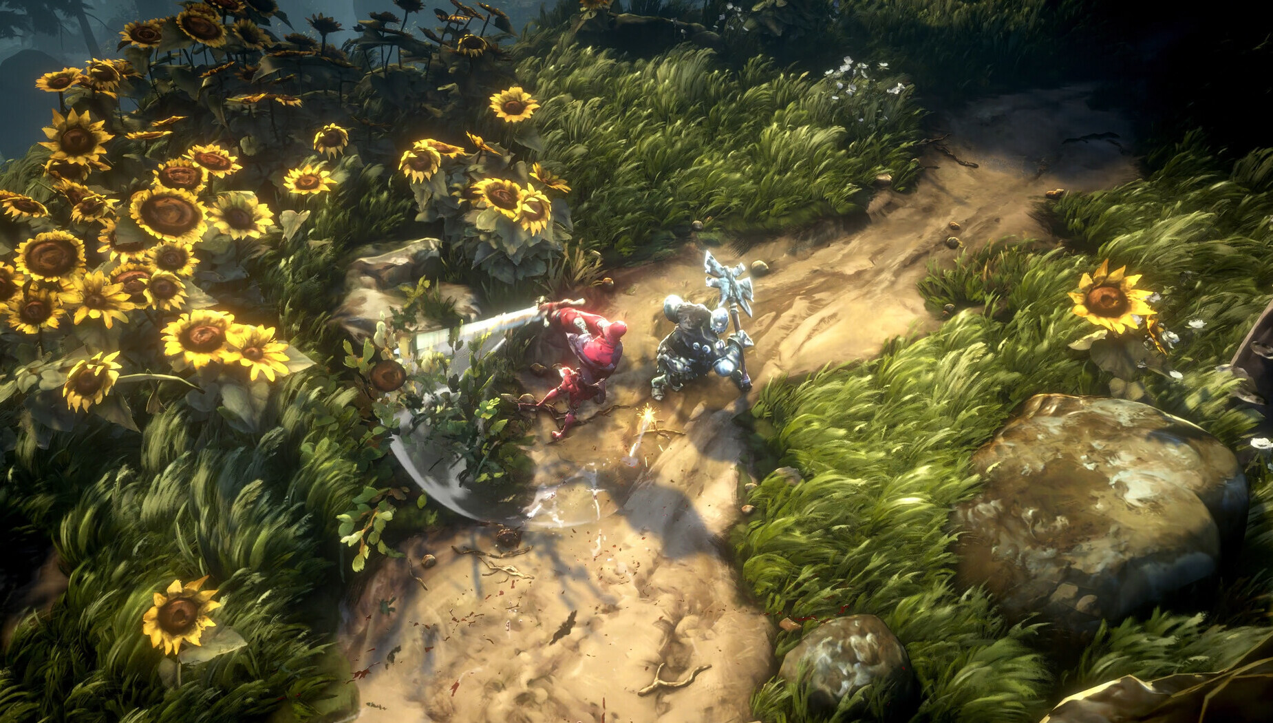 Геймплей ізометричної Action-RPG No Rest for the Wicked від творців Ori — бойова сцена на стежці серед соняшників