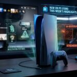 Консоль PlayStation 5 з голографічними анонсами нових ігор у PS Store, включаючи відсилки до Metal Gear Solid та Aliens: Fireteam Elite 2