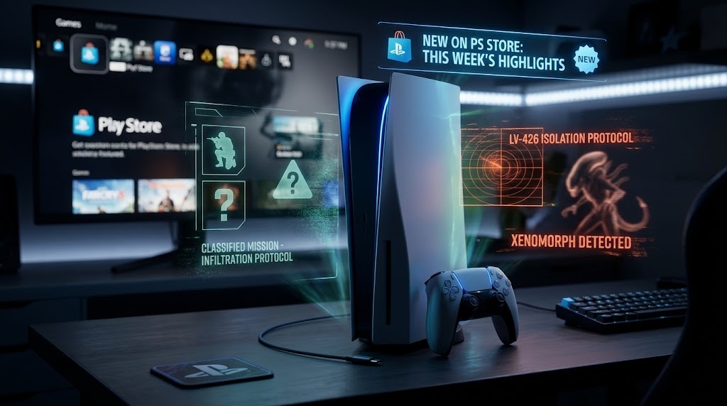 Консоль PlayStation 5 з голографічними анонсами нових ігор у PS Store, включаючи відсилки до Metal Gear Solid та Aliens: Fireteam Elite 2