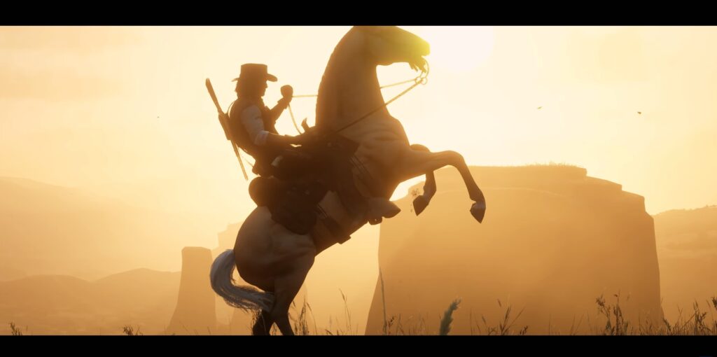 Вершник на дибки коня на тлі заходу сонця в Red Dead Redemption 2 — атмосфера мексиканського доповнення Nuevo Paraiso