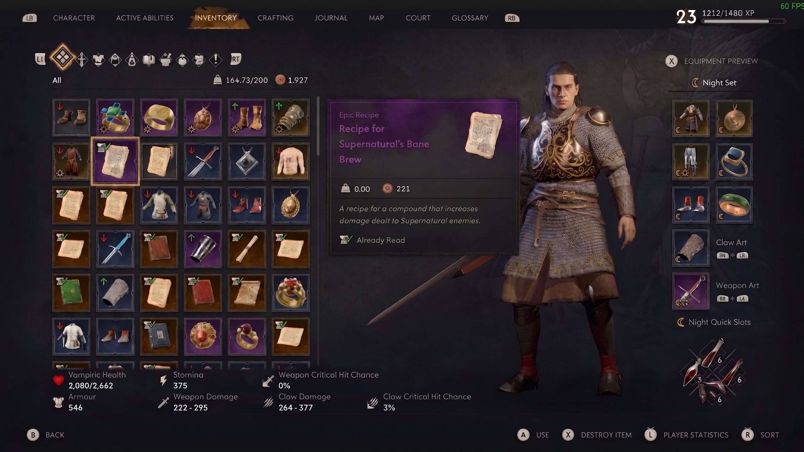 Інтерфейс інвентарю, меню екіпірування та характеристики персонажа в RPG The Blood of Dawnwalker