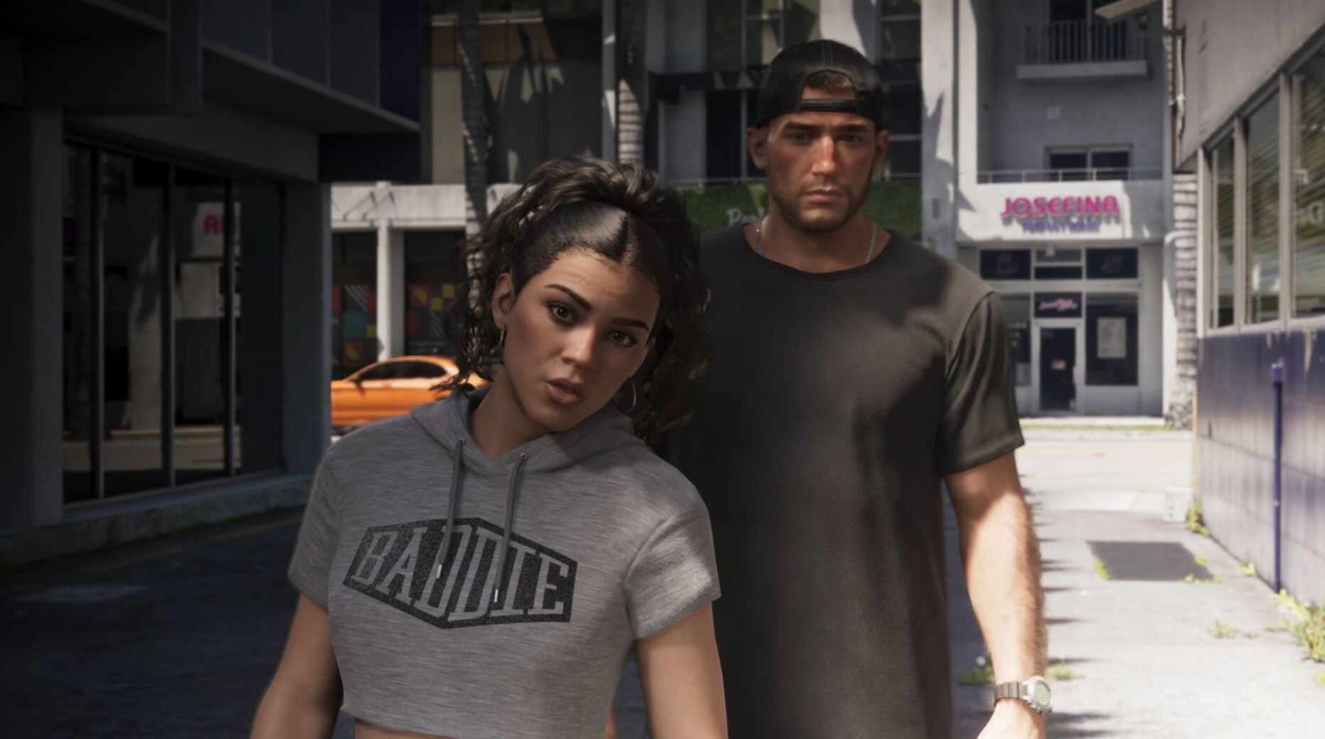 Extended Look GTA 6 приховував навчання для гравців Двоє персонажів на міській вулиці в GTA 6