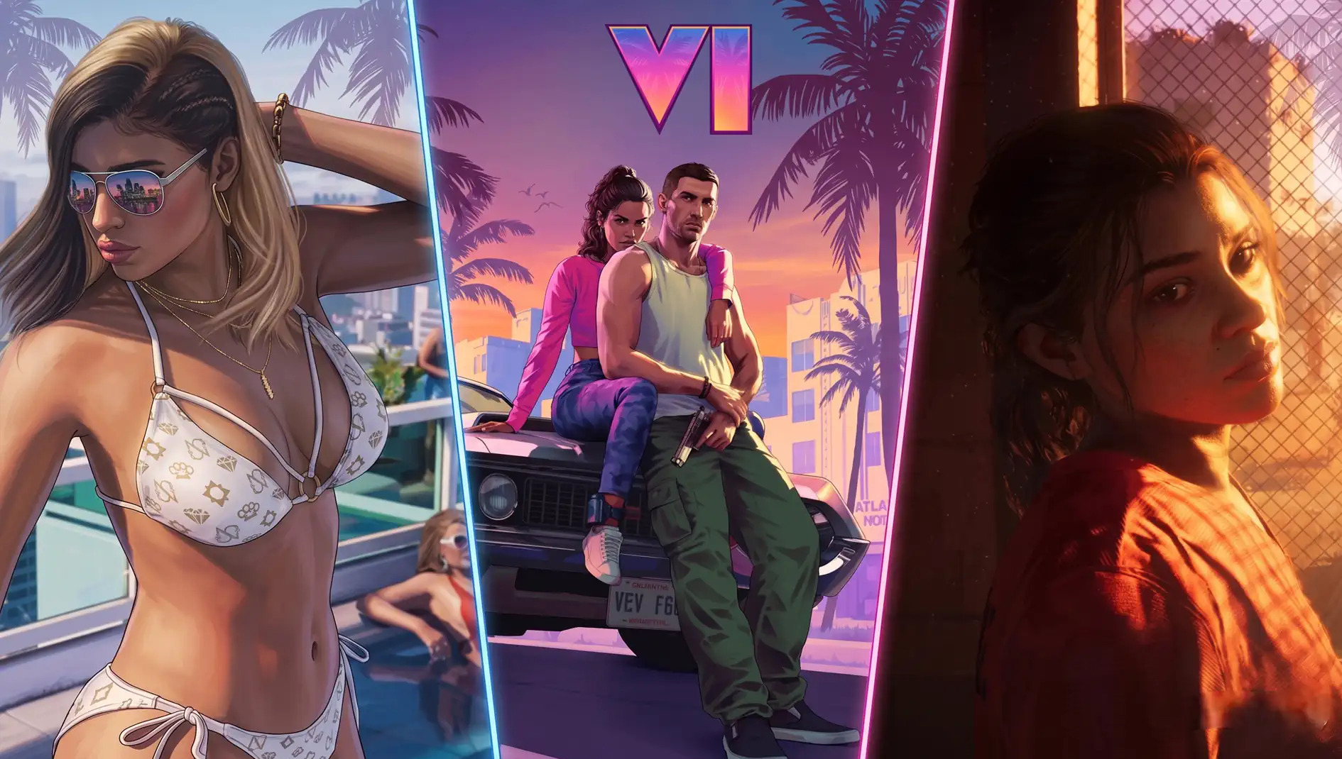 Колаж кадрів GTA 6: персонажі, автомобіль і атмосфера Vice City