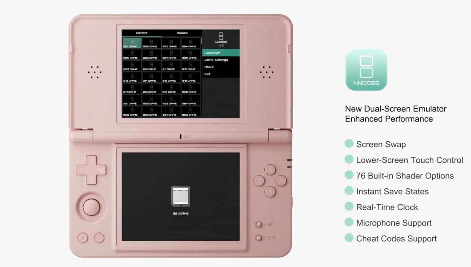 Рожева консоль Anbernic RG DS Plus з двома екранами та меню емулятора Nintendo DS