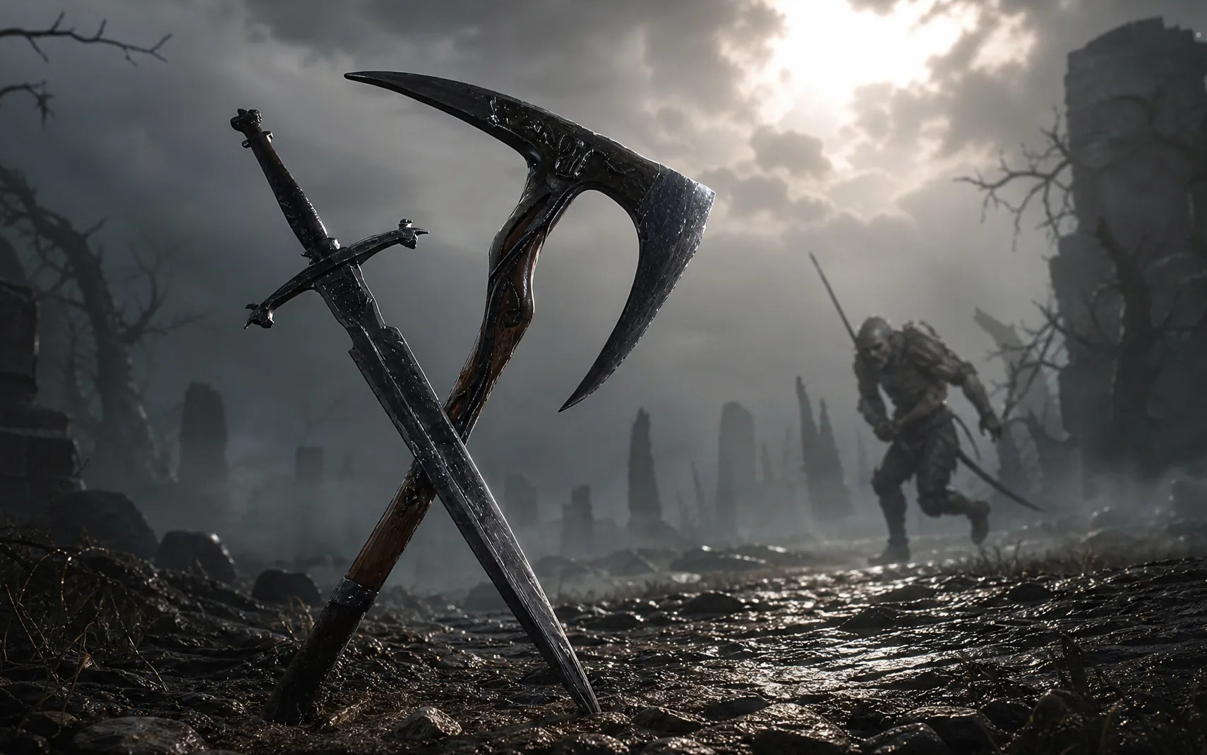 Зброя Axe & Dagger у Mortal Shell 2 на тлі похмурого поля битви