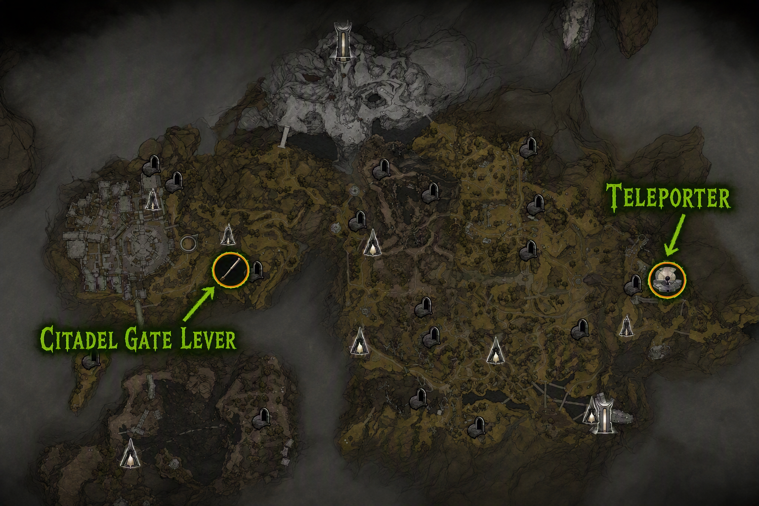 Карта з розташуванням Citadel Gate Lever і Teleporter у Mortal Shell 2
Показати більше рядків