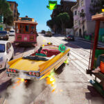 Жовте таксі маневрує між автомобілями й трамваями в Crazy Taxi: World Tour