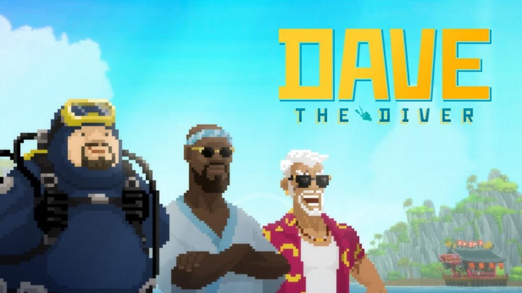 Дейв у водолазному спорядженні та персонажі Dave the Diver на тлі тропічного острова