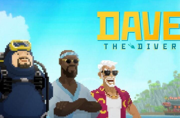 Дейв у водолазному спорядженні та персонажі Dave the Diver на тлі тропічного острова