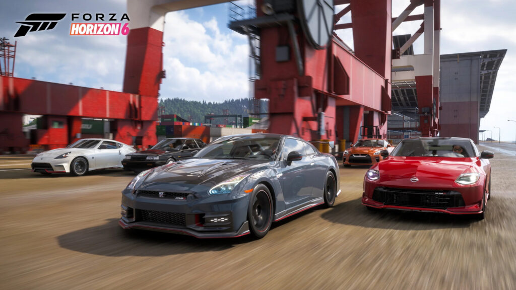 Спортивні автомобілі Nissan GT-R мчать серед портових кранів у Forza Horizon 6
