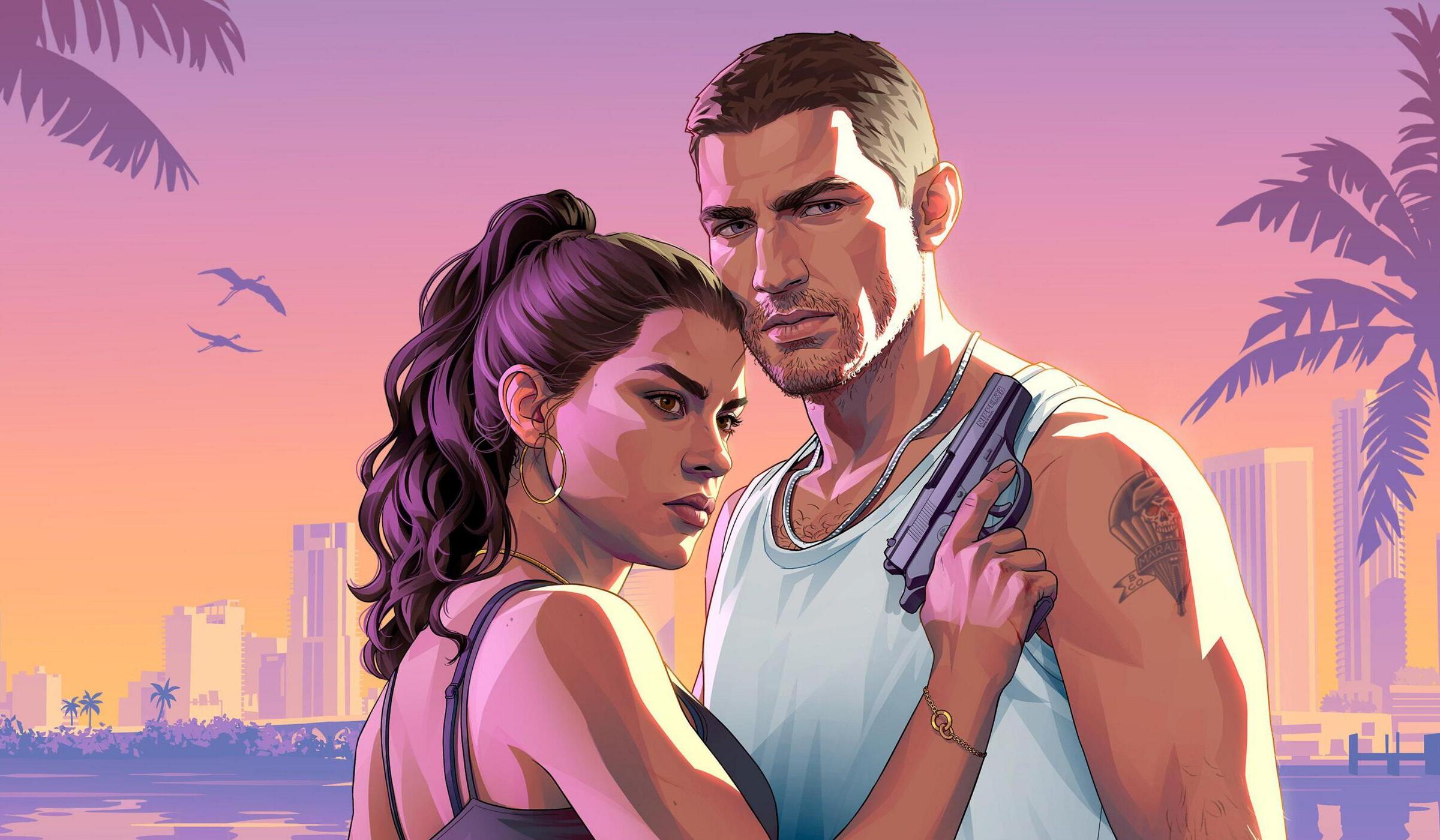Джейсон і Люсія на тлі Vice City на заході сонця — офіційний арт GTA 6