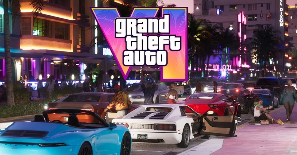 Логотип Grand Theft Auto VI на тлі нічного Vice City з автомobiлями