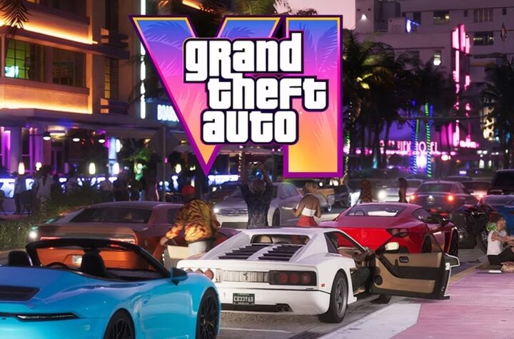 Логотип Grand Theft Auto VI на тлі нічного Vice City з автомobiлями