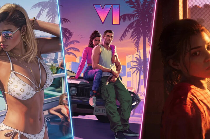 Колаж кадрів GTA 6: персонажі, автомобіль і атмосфера Vice City