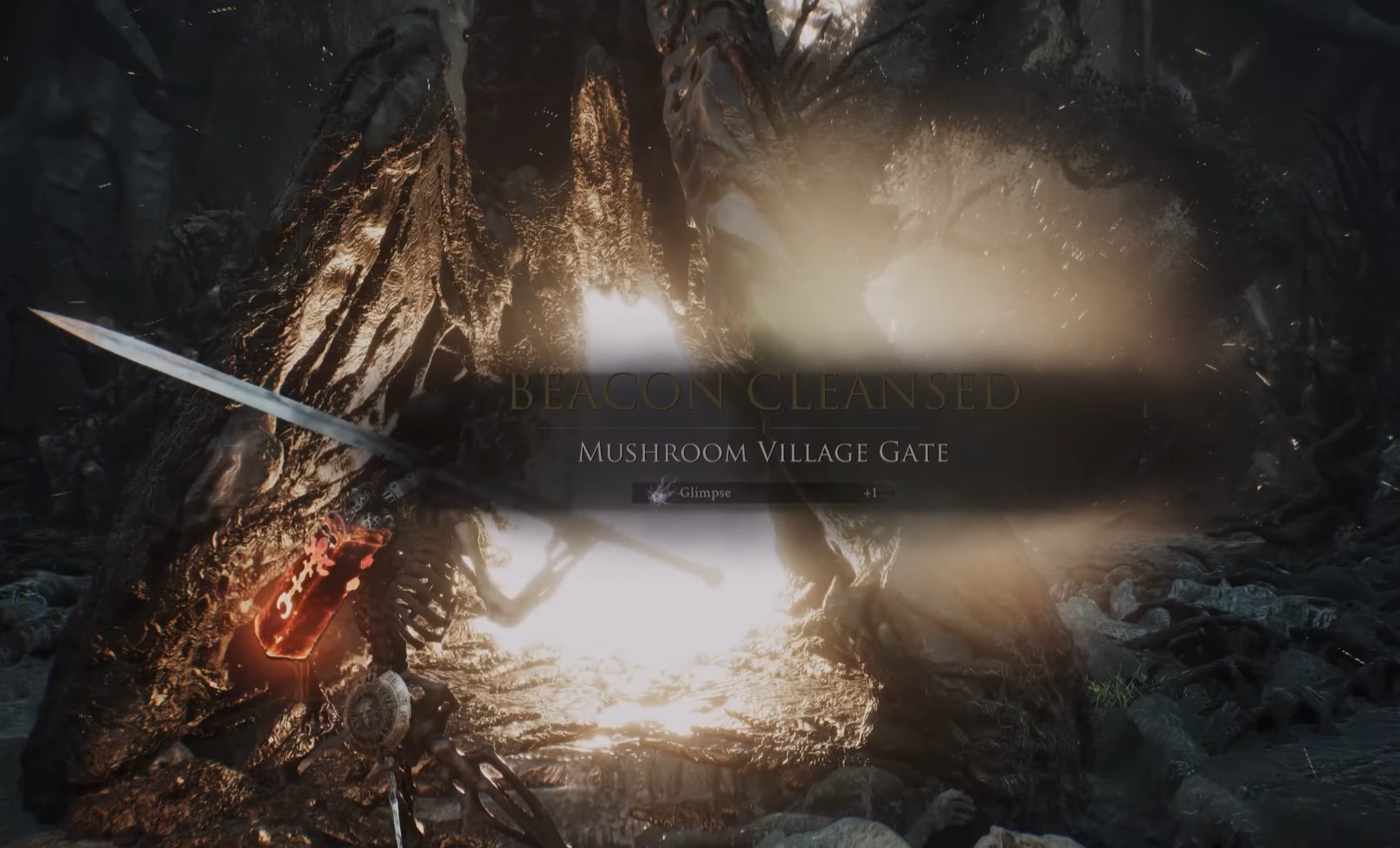 Повідомлення про очищення маяка Mushroom Village Gate серед темних хащів у Mortal Shell 2