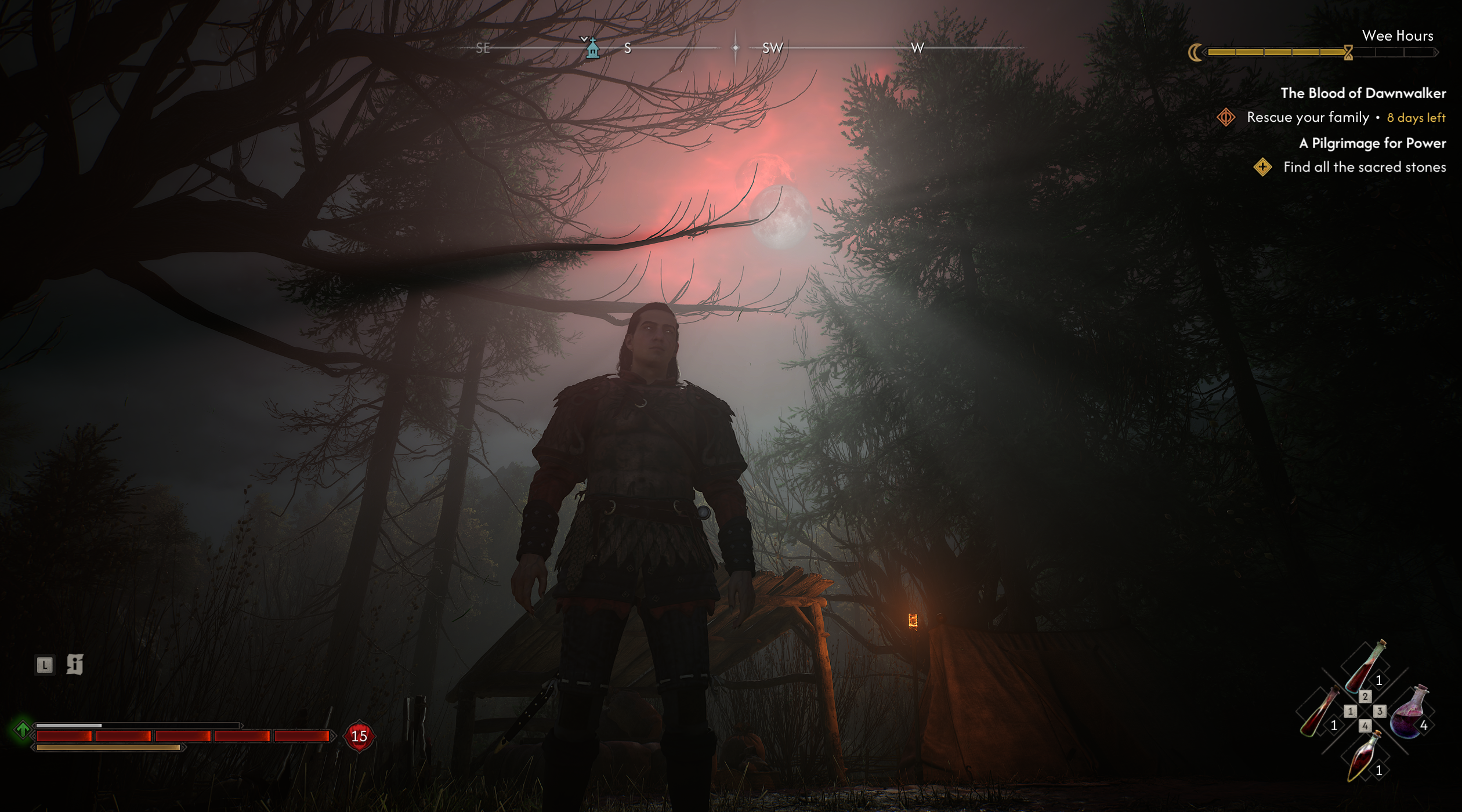 Похмурий ліс та криваво-червоний місяць у нічний час доби в The Blood of Dawnwalker