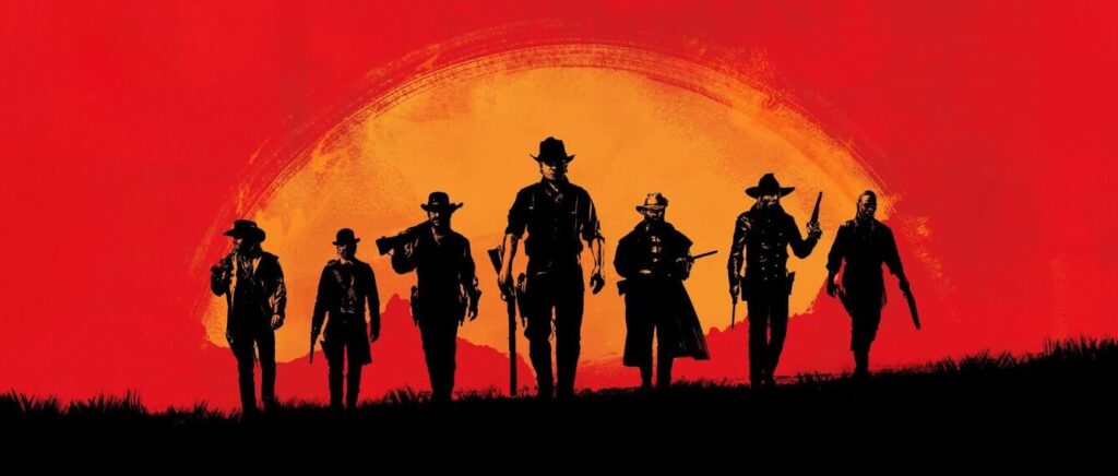 Силуети банди на тлі заходу сонця у Red Dead Redemption 2