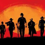 Силуети банди на тлі заходу сонця у Red Dead Redemption 2
