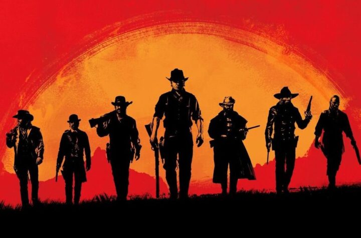 Силуети банди на тлі заходу сонця у Red Dead Redemption 2