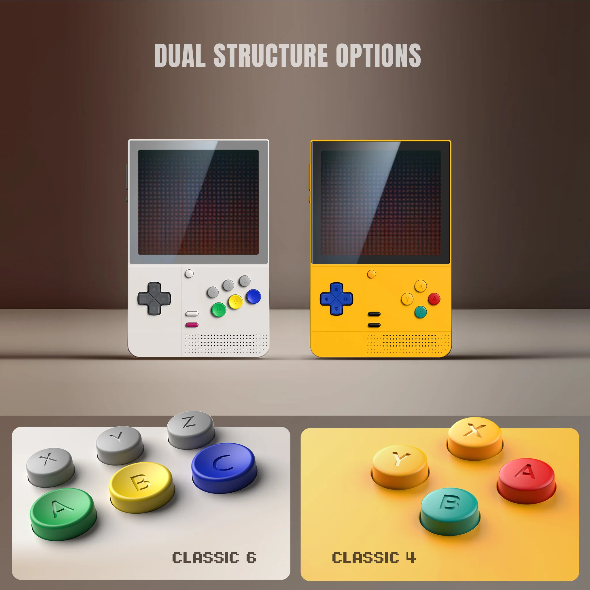 Retroid Pocket Classic у білому та жовтому корпусах із двома варіантами розташування кнопок