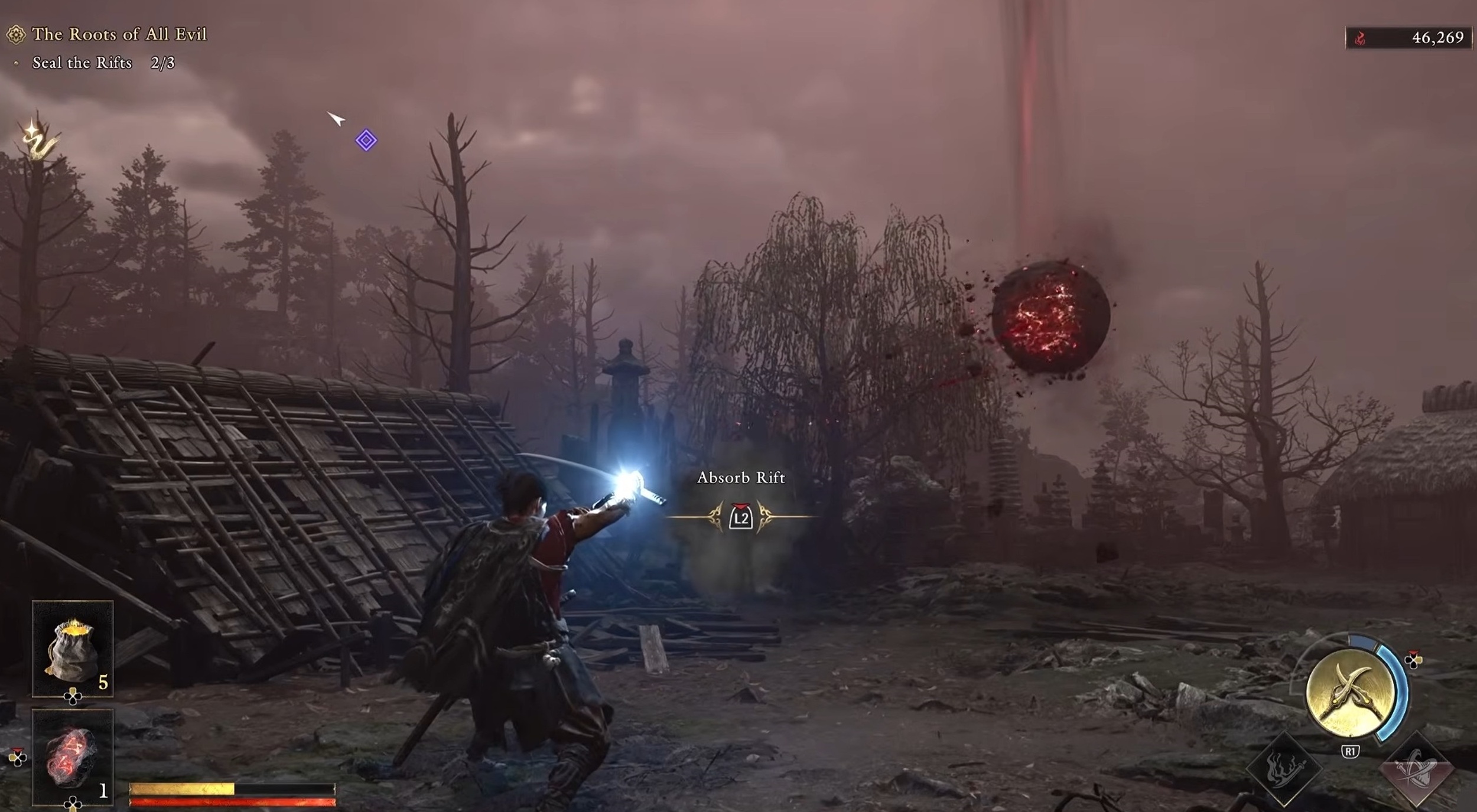Використання магічної рукавиці для поглинання розлому в Onimusha: Way of the Sword